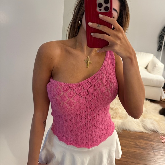 Gimaguas isola pink one shoulder crochet knit cotton tank top - Picture 6 of 12